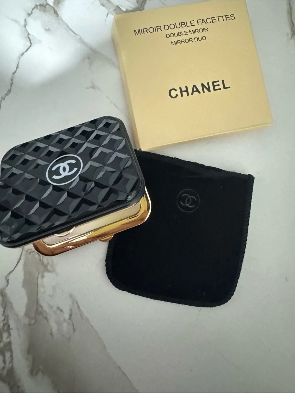 CHANEL Black & Gold Compact Double Mirror with Quilted Lid